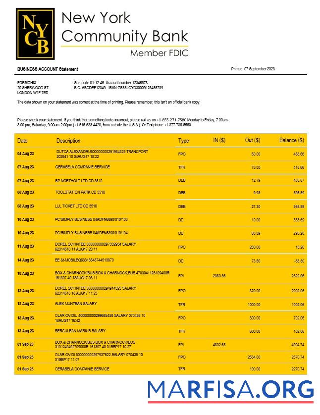 Printable New York Community Bancorp enterprise account statement Word and PDF template
